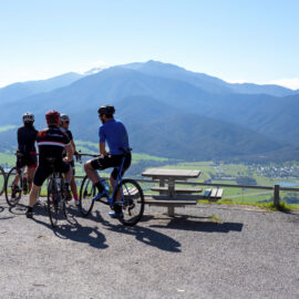 Relaxing at Tawonga Gap Lookout with views of Mt Bogong on the Gaps Loop Ride